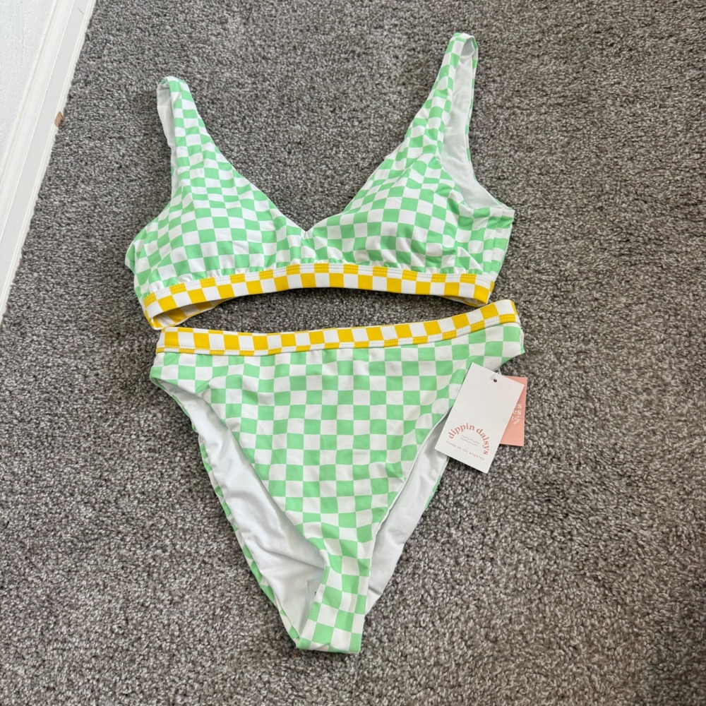 Retro Checkered Green Yellow Dippin Daisies Bikini Set XL Top L Bottoms Green